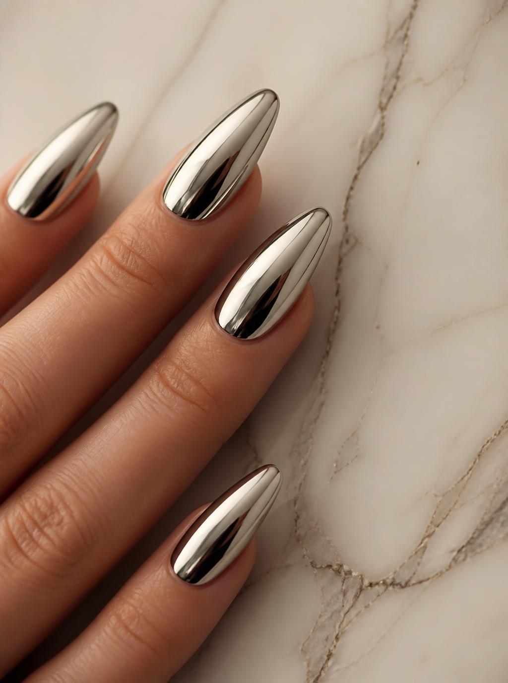 Chrome finish nails against white marble