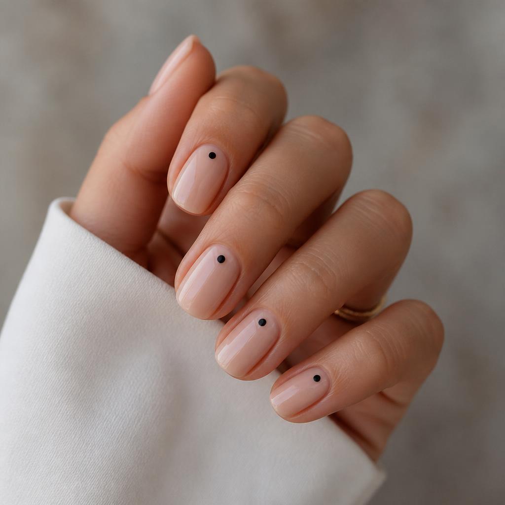 Minimalist manicure with tiny black dot detail