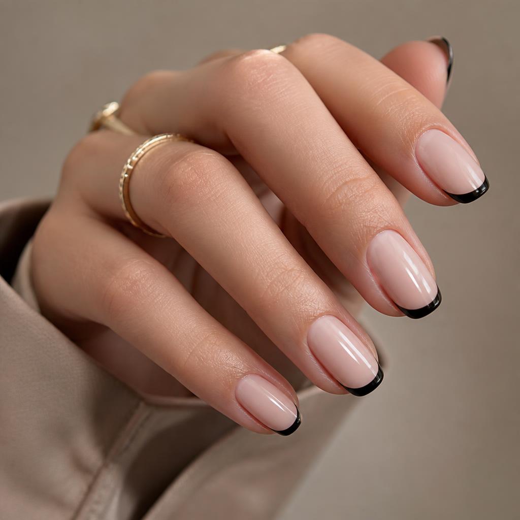 Modern french manicure with thin black tip