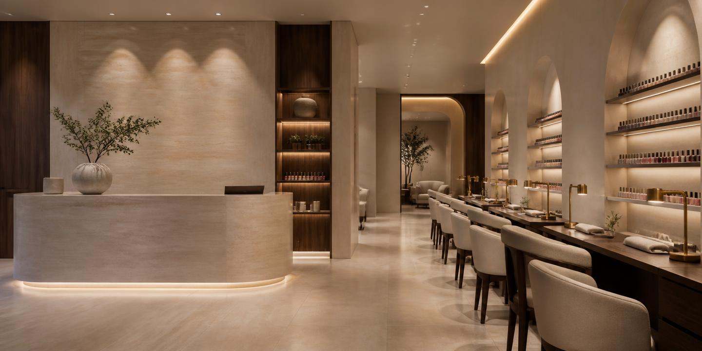 High-end nail salon interior with beige stone and dark wood